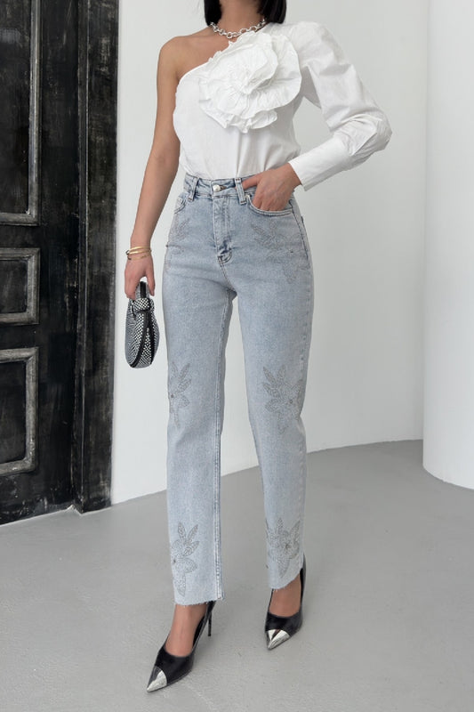 Taşlı Mom Fit Kot Pantolon 7116