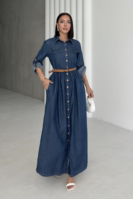 Düğmeli Uzun Kot Elbise 3041