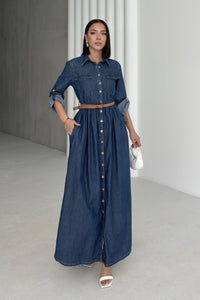 Düğmeli Uzun Kot Elbise 3041