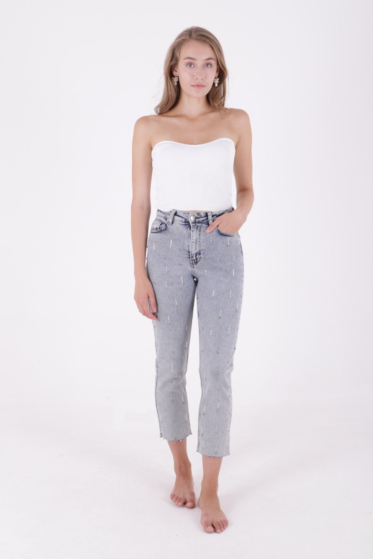 Tek Taraflı Droplı Mom Fit Kot Pantolon 7038