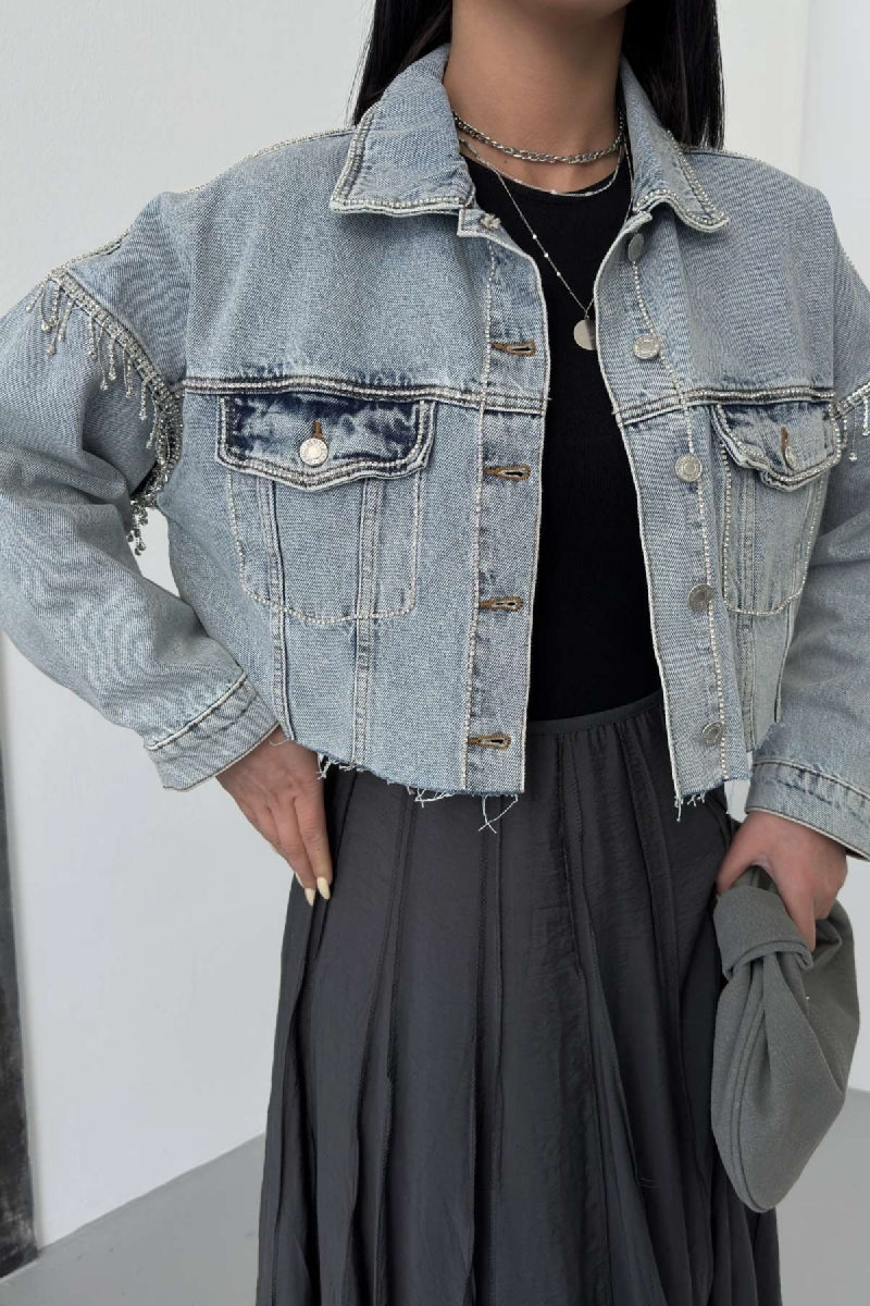 Taşlı Kısa Oversize Kot Ceket 6084