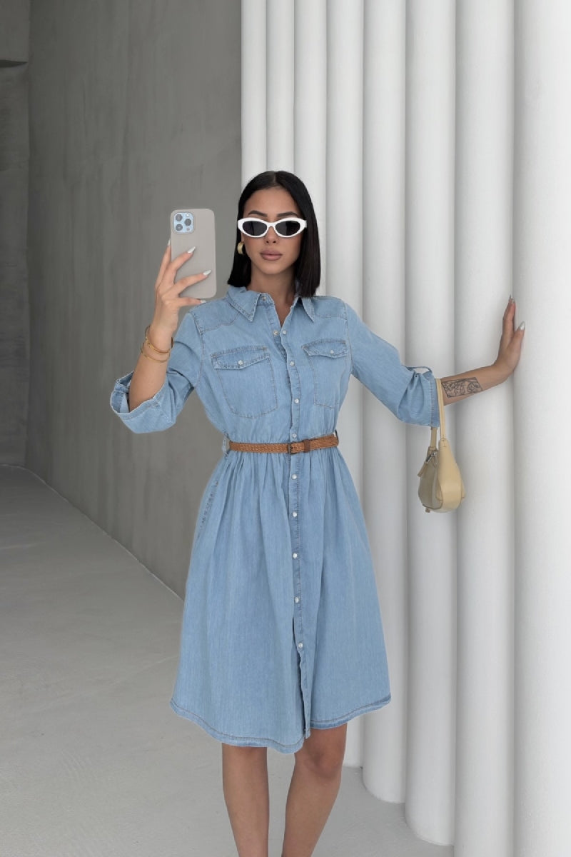 Büzgü Detaylı Kısa Kot Elbise 3040