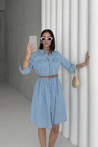 Büzgü Detaylı Kısa Kot Elbise 3040