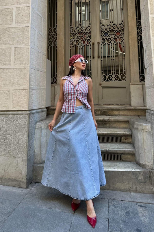 Beli Lastikli Volanlı Uzun Etek 1063