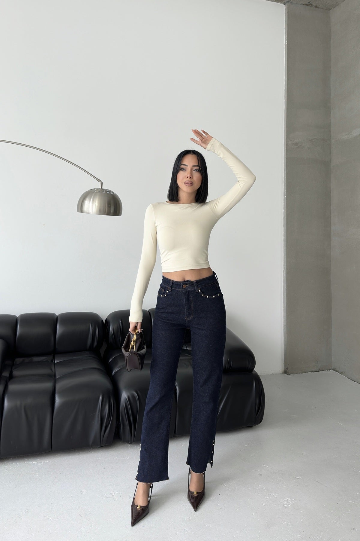 Yanı Yırtmaçlı Flare Paça Mom Kot Pantolon 1774