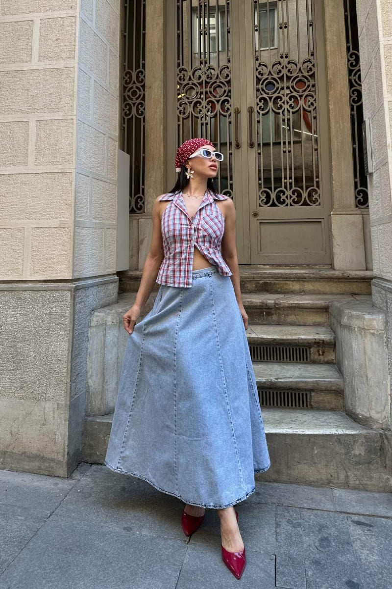 Beli Lastikli Volanlı Uzun Etek 1063