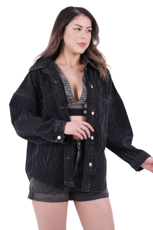 Taşlı Oversize Kot Gömlek 6006