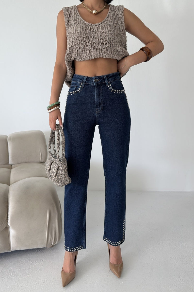 Taşlı Mom Fit Kot Pantolon 7023