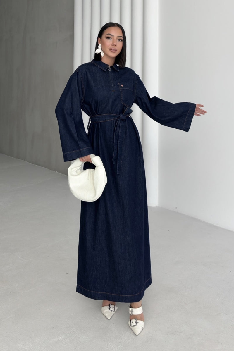 Kuşaklı Uzun Kot Elbise 3035