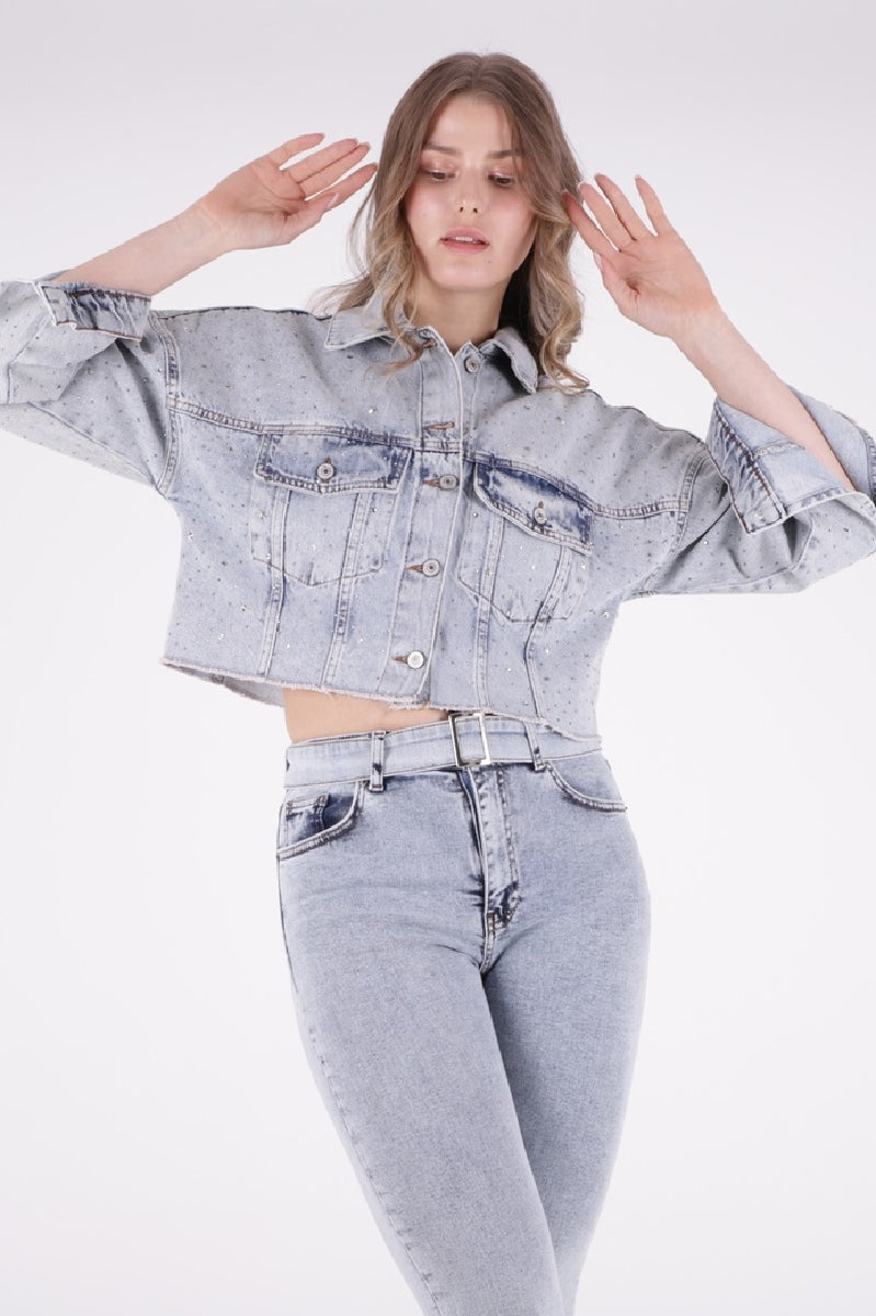 Taşlı Kısa Oversize Kot Ceket 6005