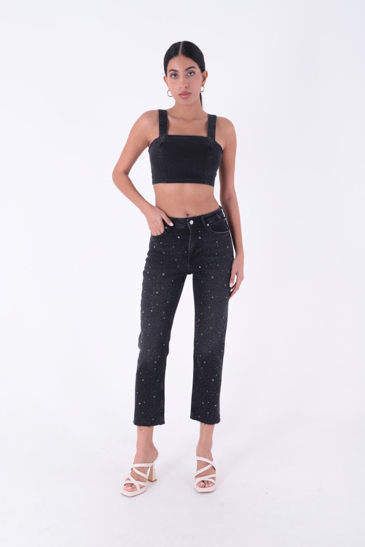 Yıldızlı Mom Fit Dikişsiz Paça Kot Pantolon 1753