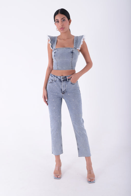 Yıldızlı Mom Fit Dikişsiz Paça Kot Pantolon 1753