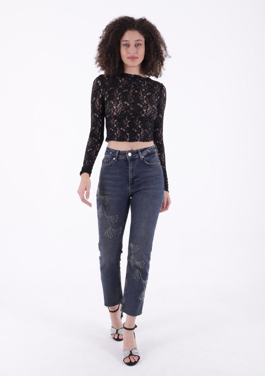 Çapraz Taşlı Mom Fit Kot Pantolon 7054