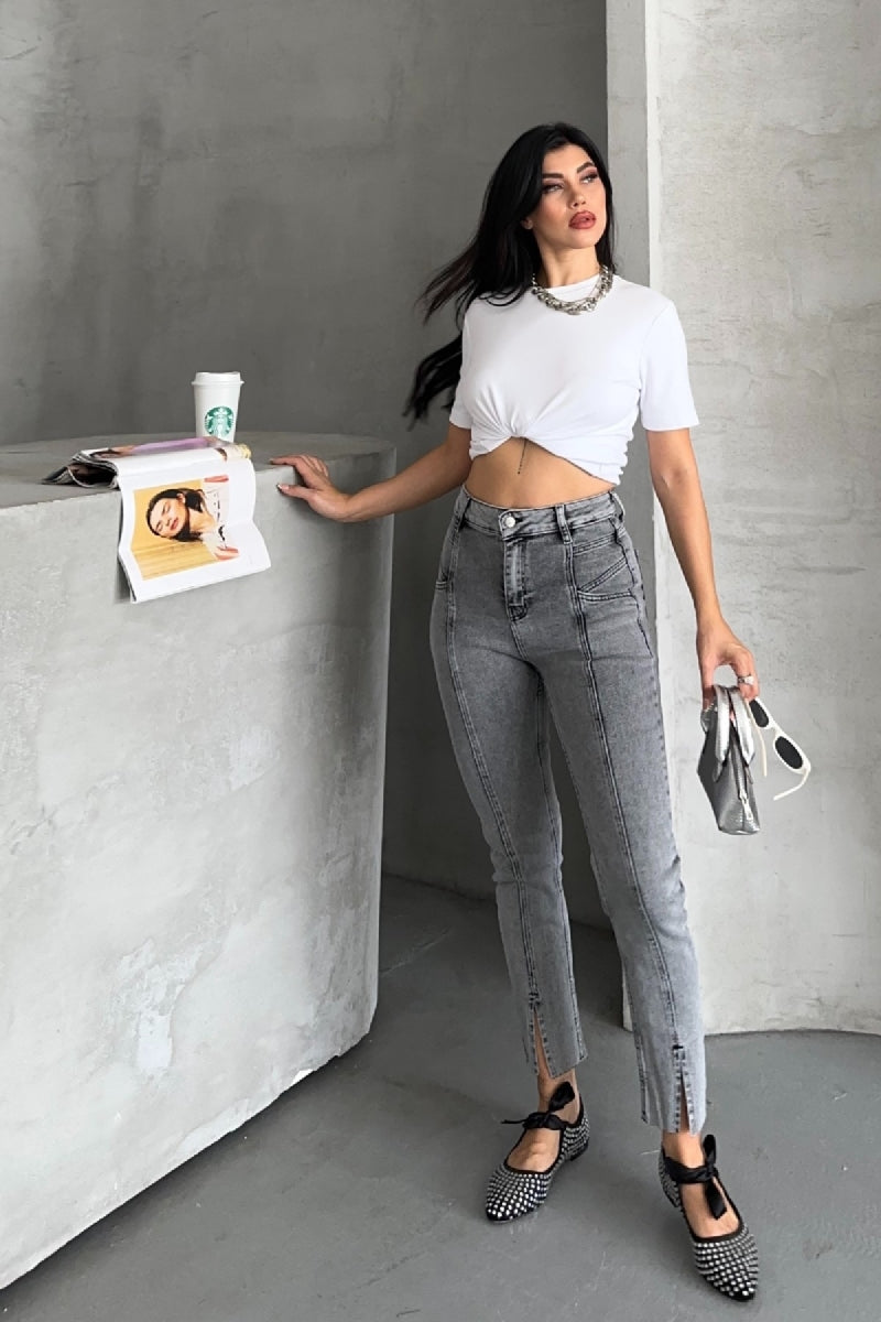 Parçalı Önü Yırtmaçlı Dikişsiz Paça Pantolon 1743