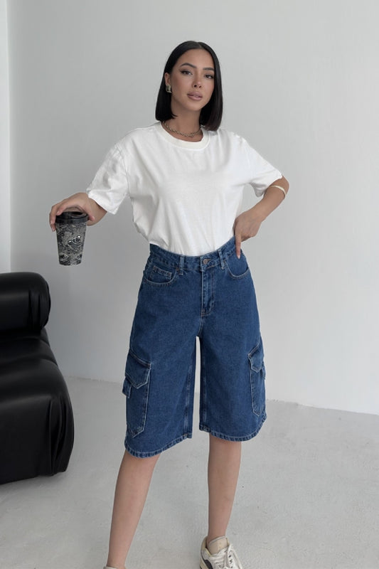 Cep Detaylı Orta Boy Kot Şort