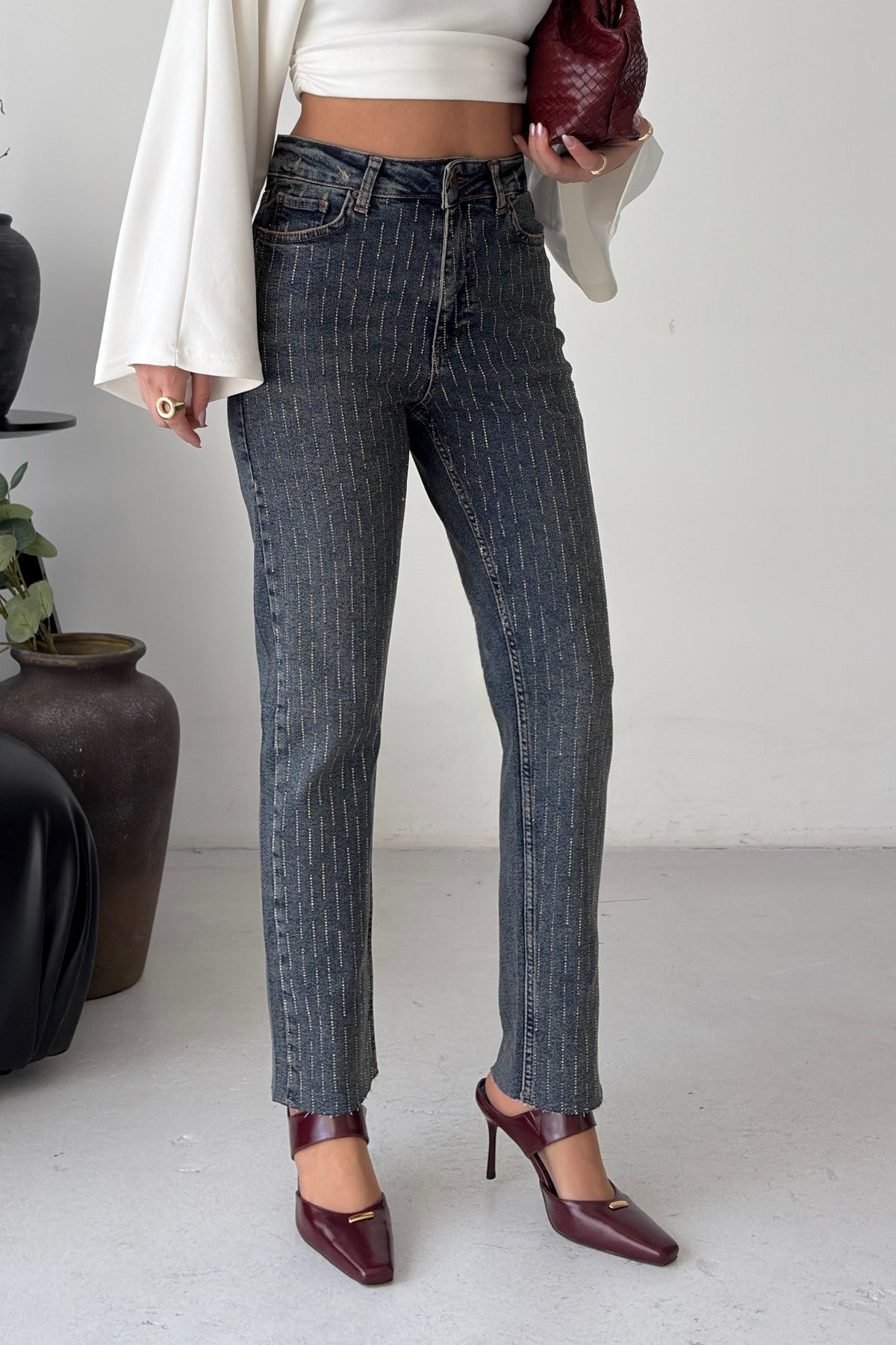 Taşlı Mom Fit Kot Pantolon 7218