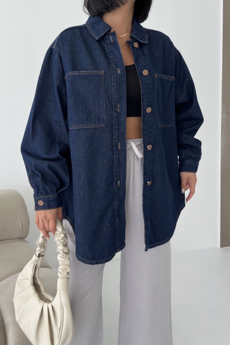 Düğmeli Oversize Kot Gömlek 6080