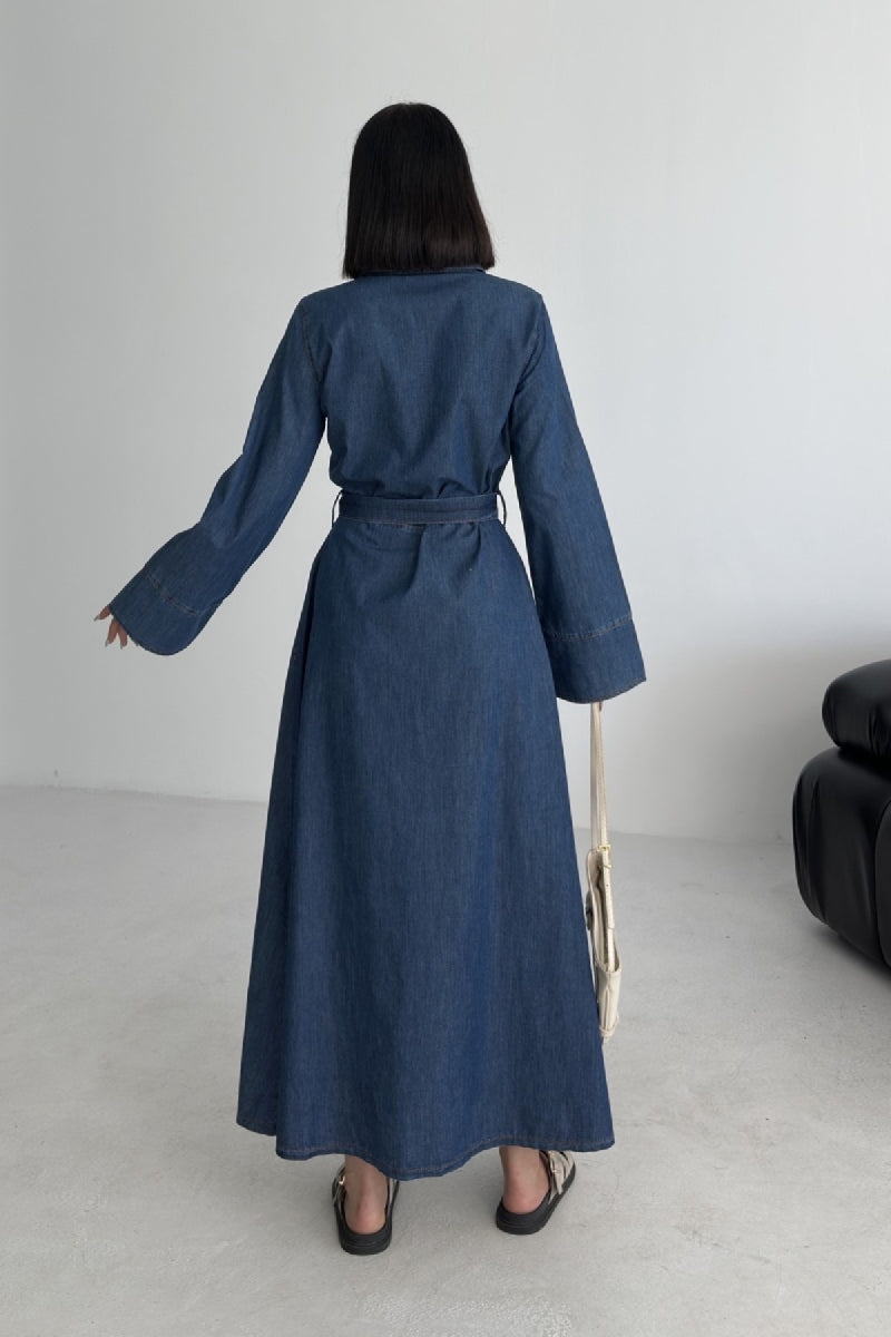 Düğmeli Uzun Boy Kot Elbise 3047