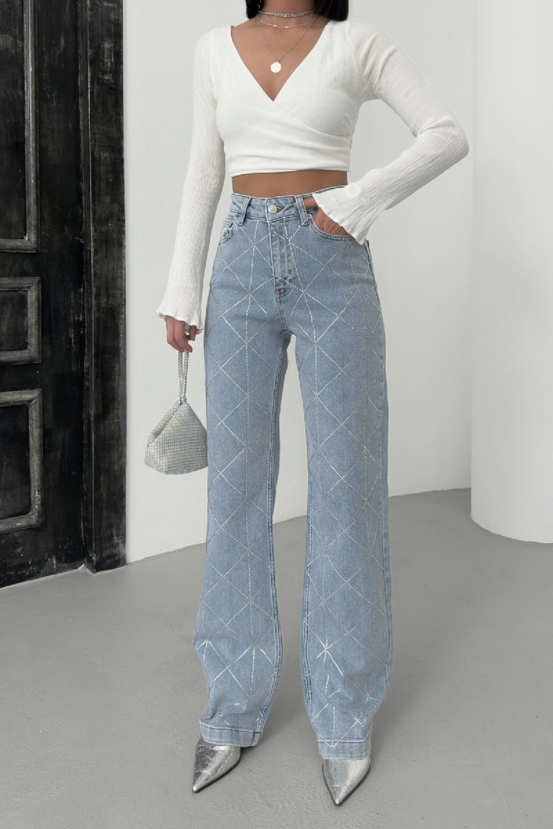 Baklava Desenli Taşlı Kot Pantolon 7106