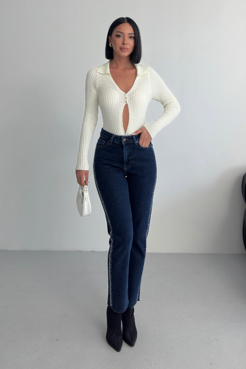 Şerit Taşlı Mom Fit Kot Pantolon 7110