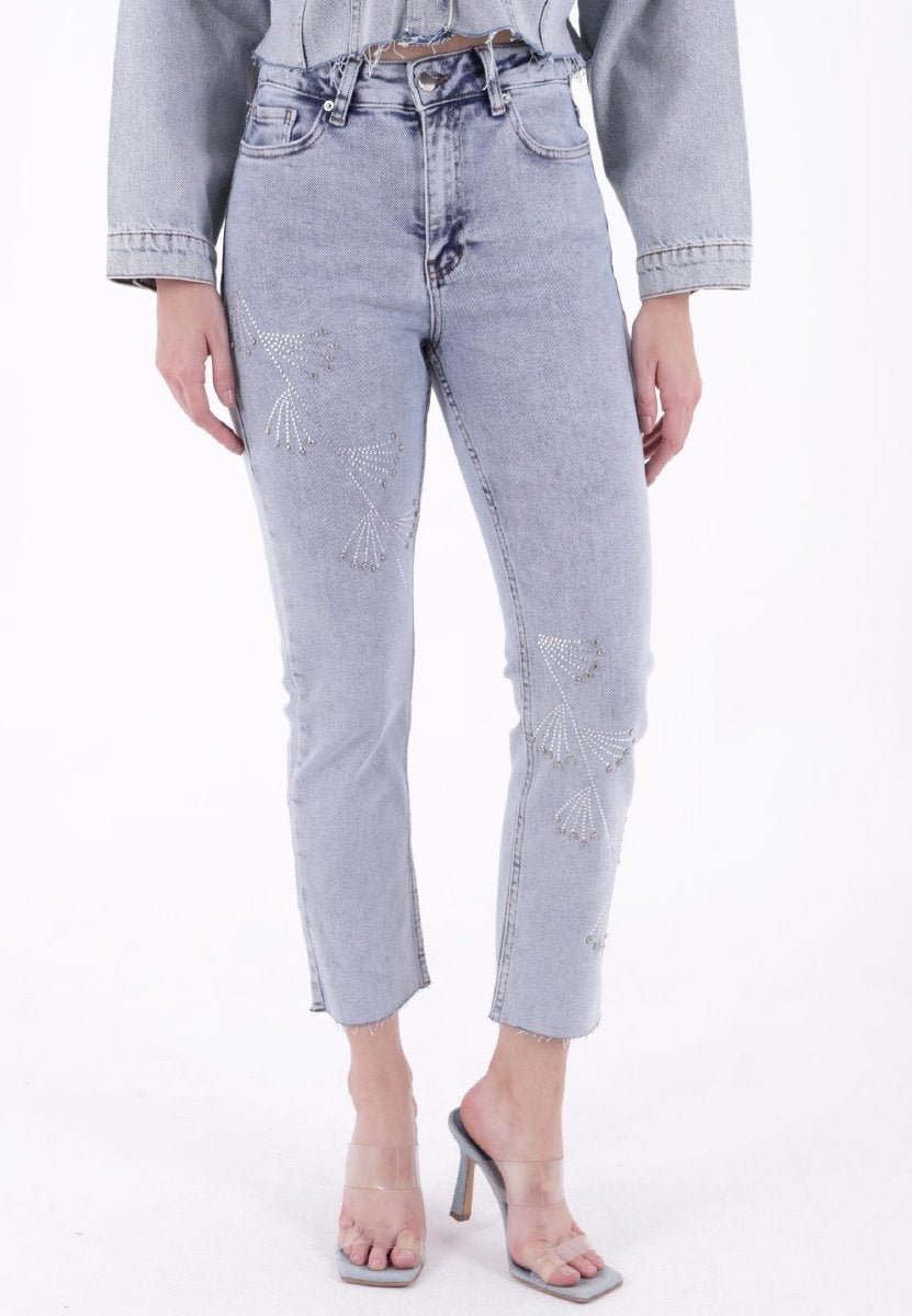 Çapraz Taşlı Mom Fit Kot Pantolon 7054