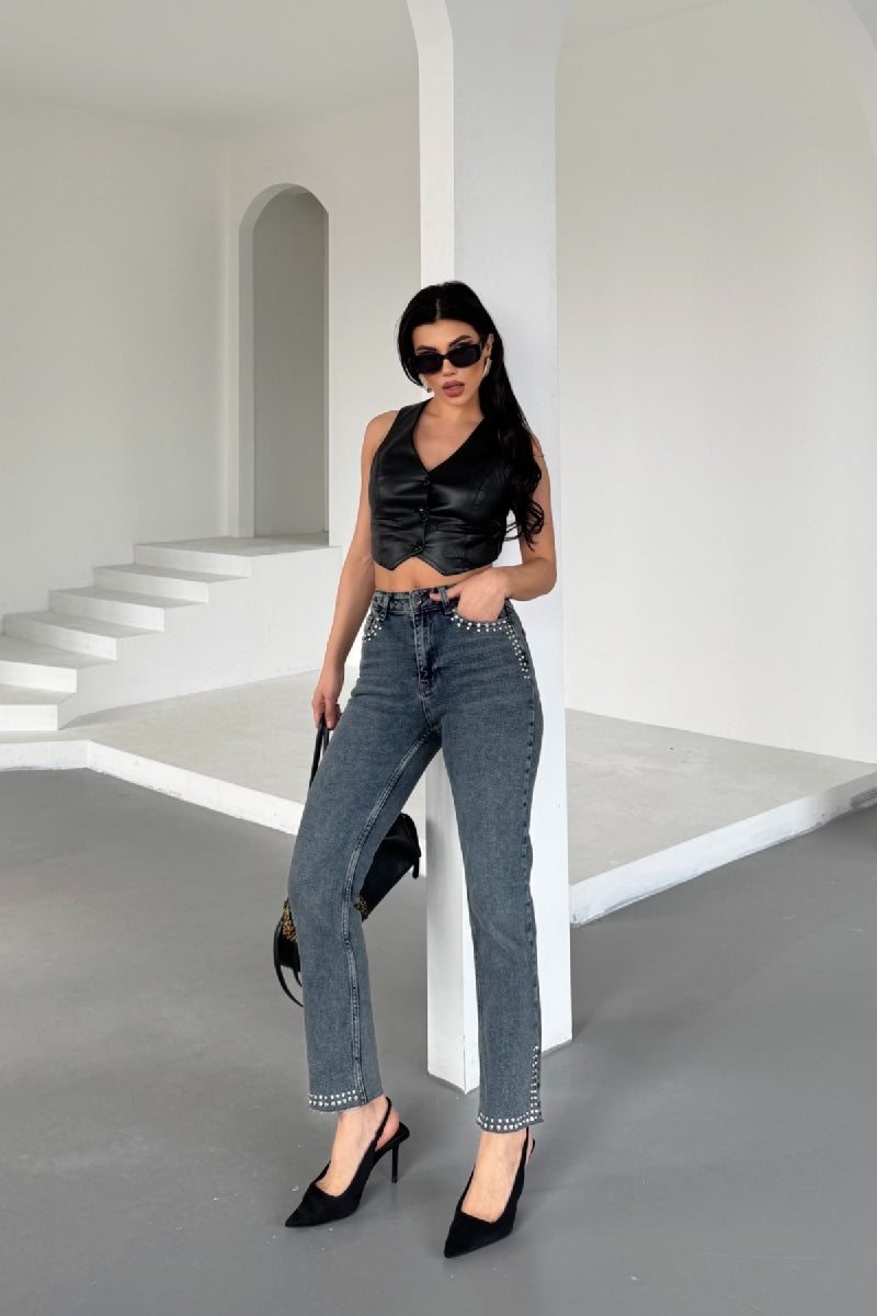Taşlı Mom Fit Kot Pantolon 7023