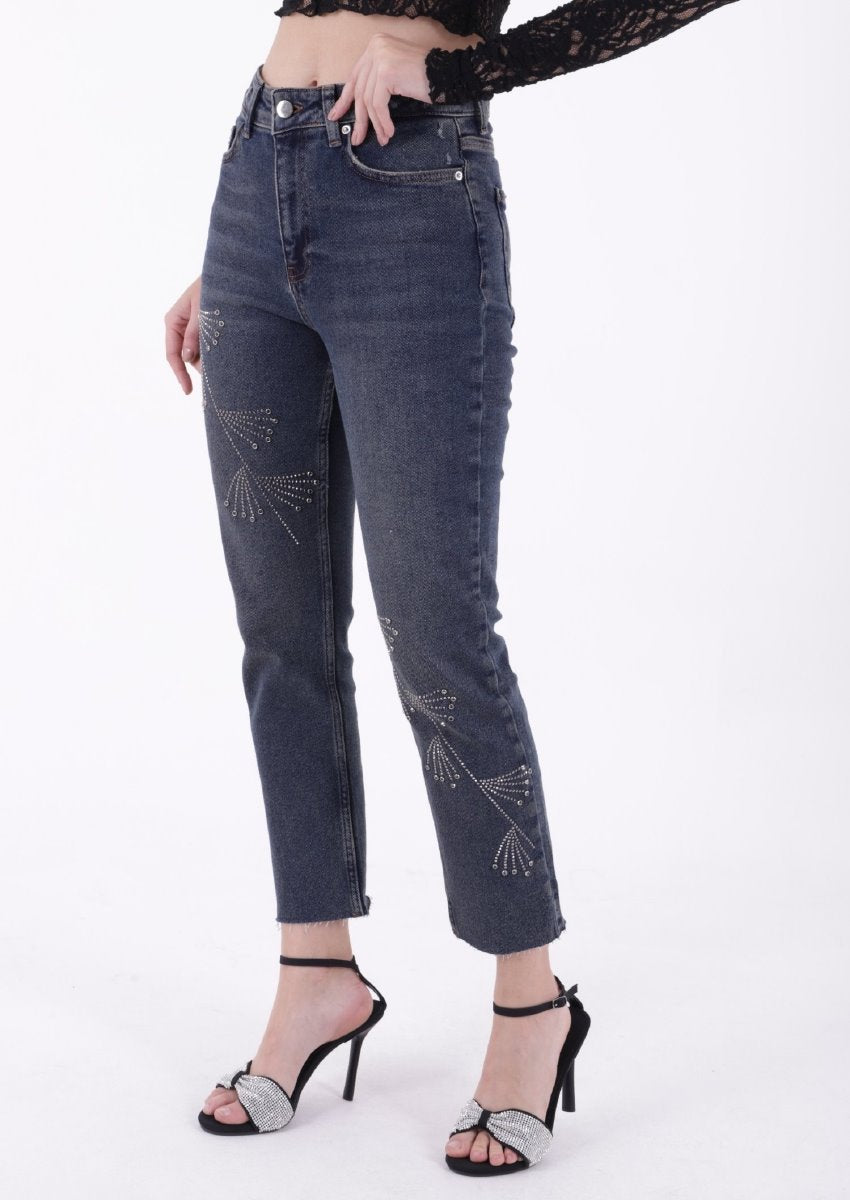 Çapraz Taşlı Mom Fit Kot Pantolon 7054