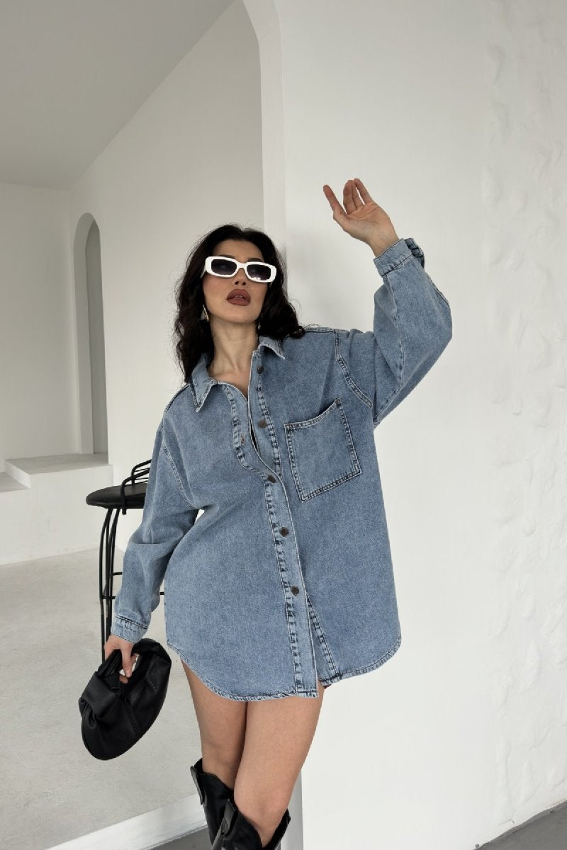 Düğmeli Oversize Kot Gömlek 6080