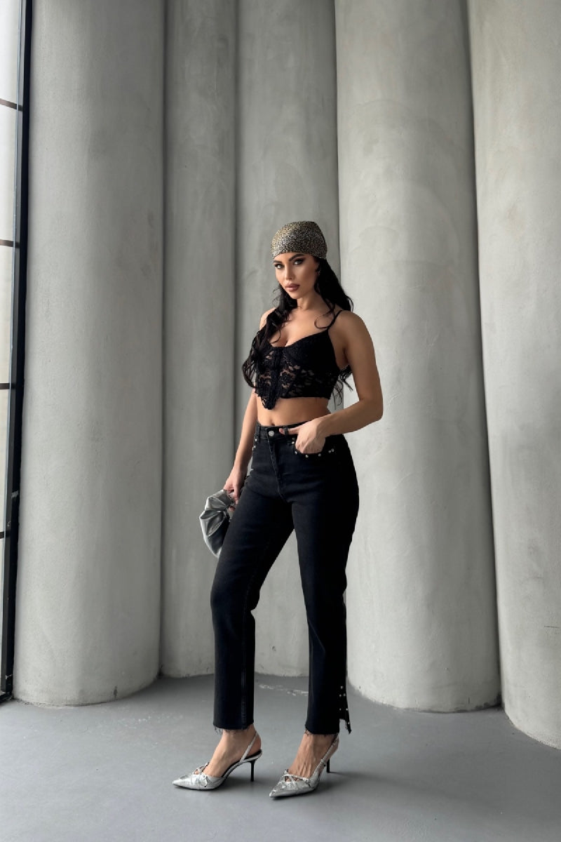 Yanı Yırtmaçlı Flare Paça Mom Kot Pantolon 1774