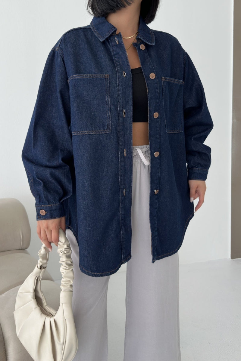 Düğmeli Oversize Kot Gömlek 6080