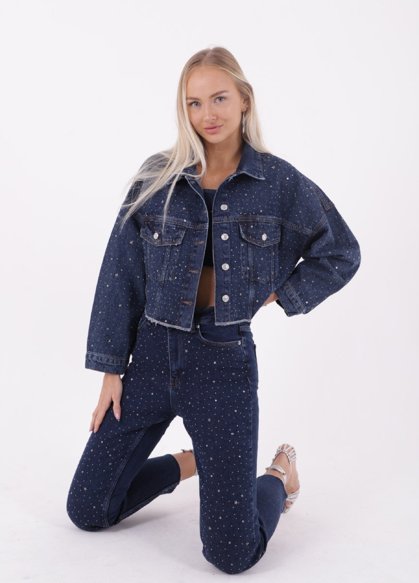 Taşlı Kısa Oversize Kot Ceket 6005