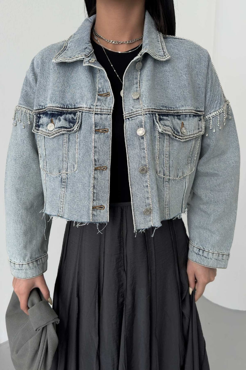 Taşlı Kısa Oversize Kot Ceket 6084