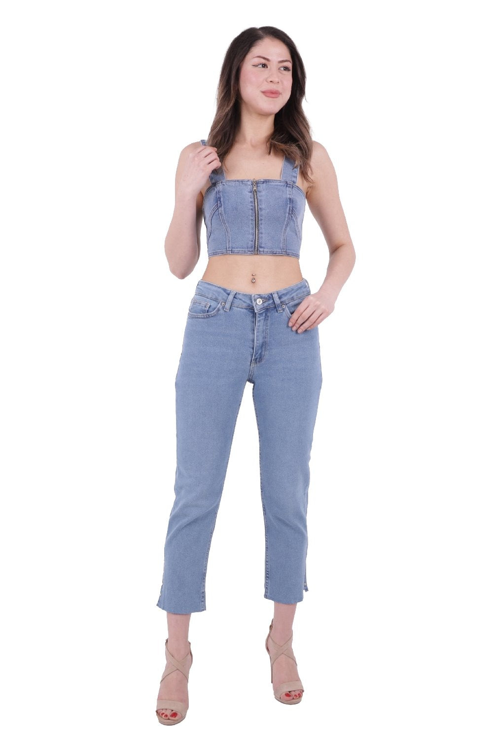 Yanı Yırtmaçlı Flare Paça Mom Kot Pantolon 1774
