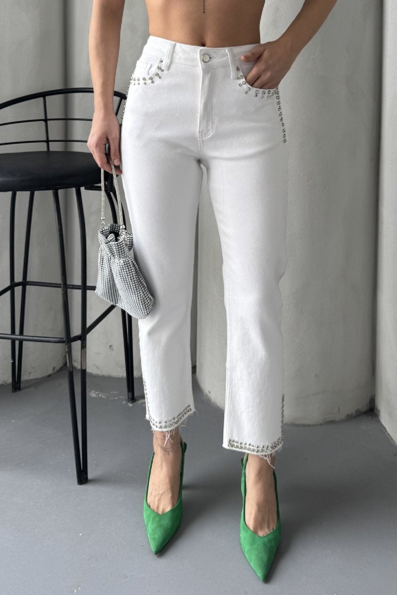 Taşlı Mom Fit Kot Pantolon 7023