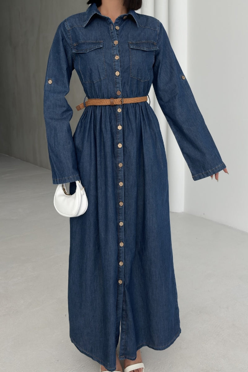 Düğmeli Uzun Kot Elbise 3041