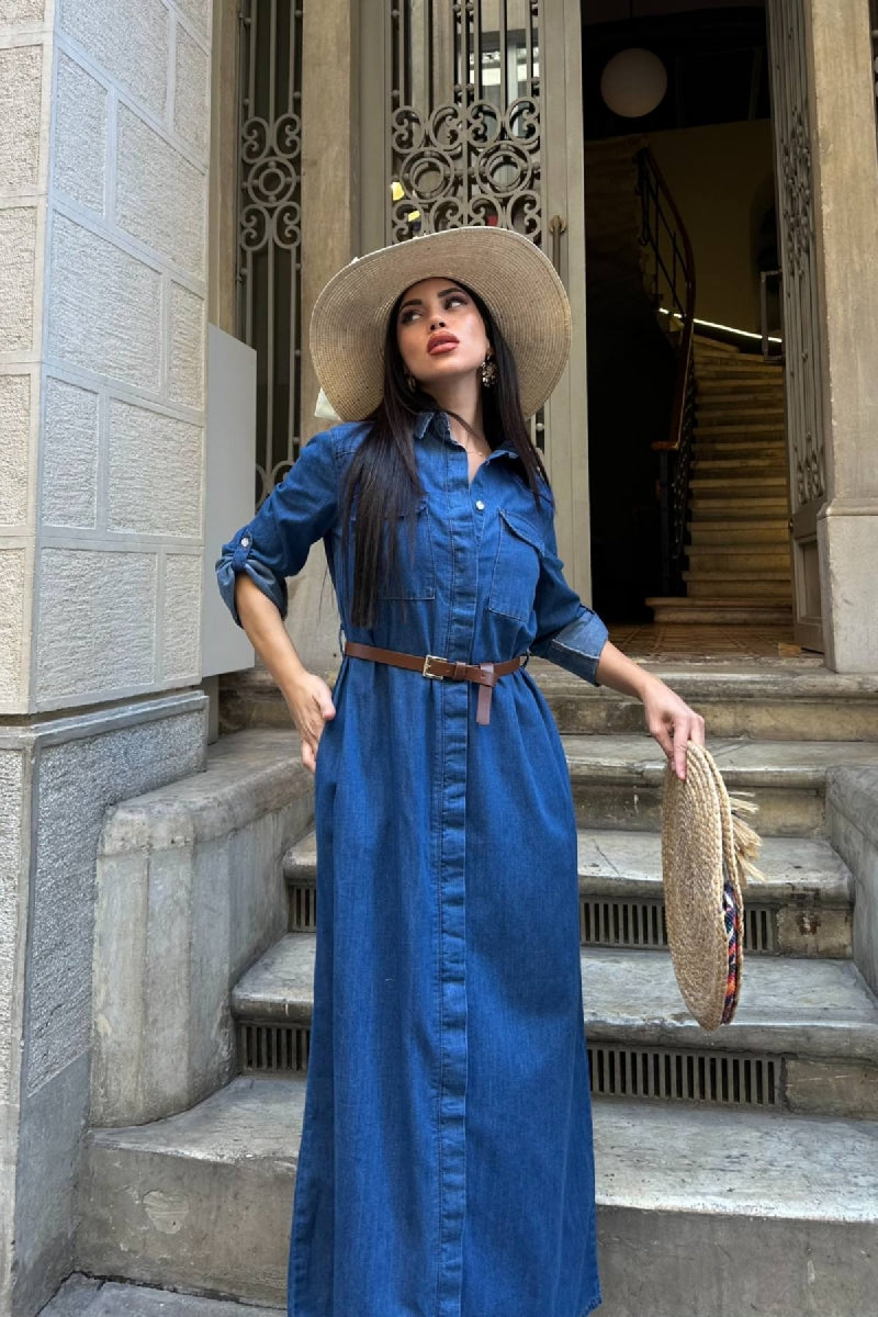 Düğmeli Uzun Elbise 3039