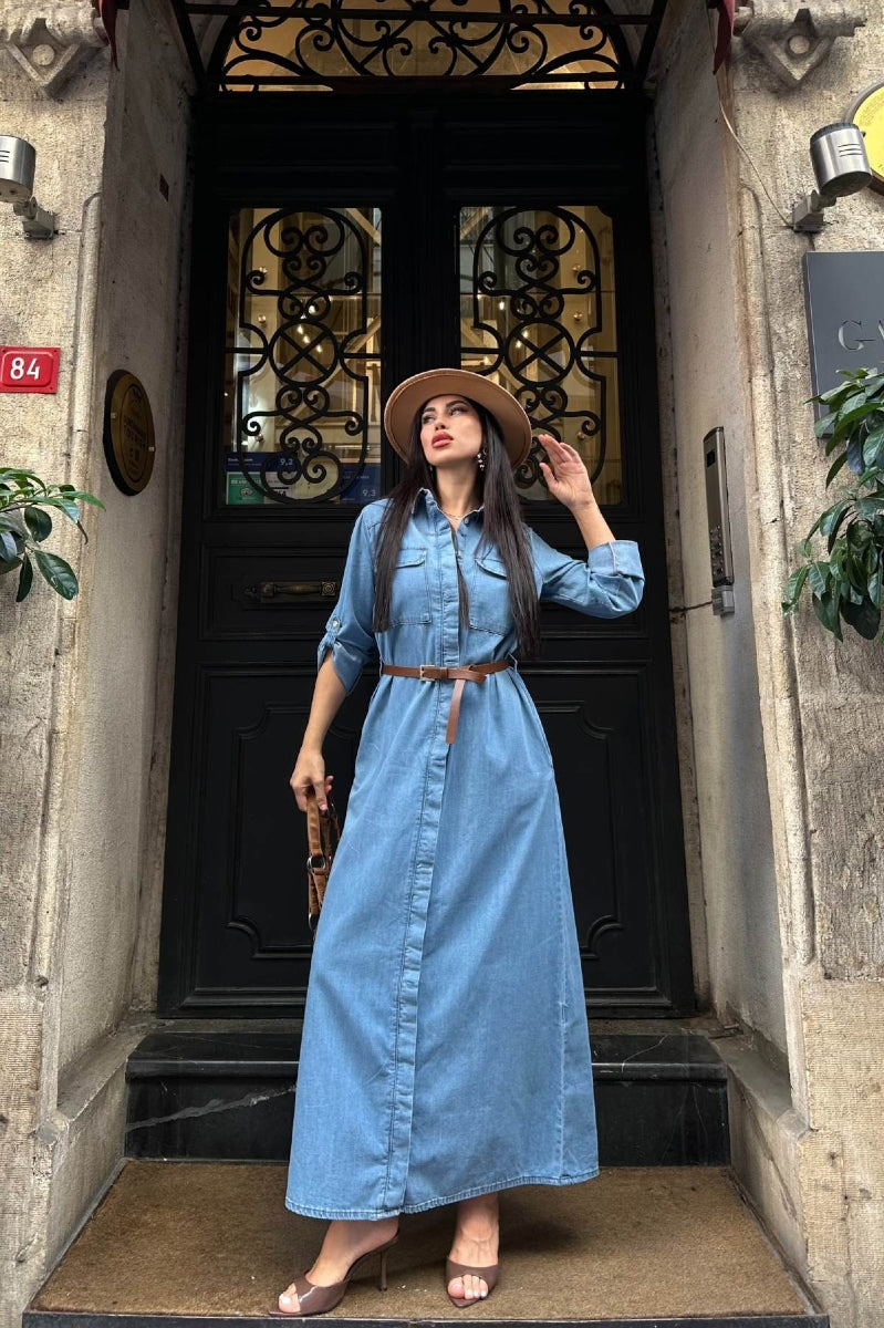 Düğmeli Uzun Elbise 3039