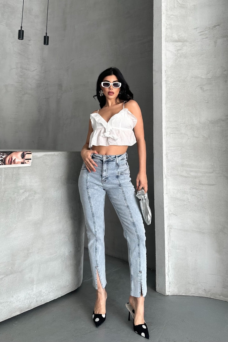 Parçalı Önü Yırtmaçlı Dikişsiz Paça Pantolon 1743