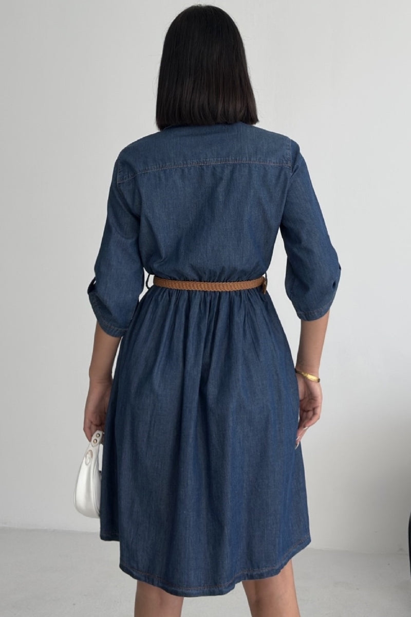 Büzgü Detaylı Kısa Kot Elbise 3040