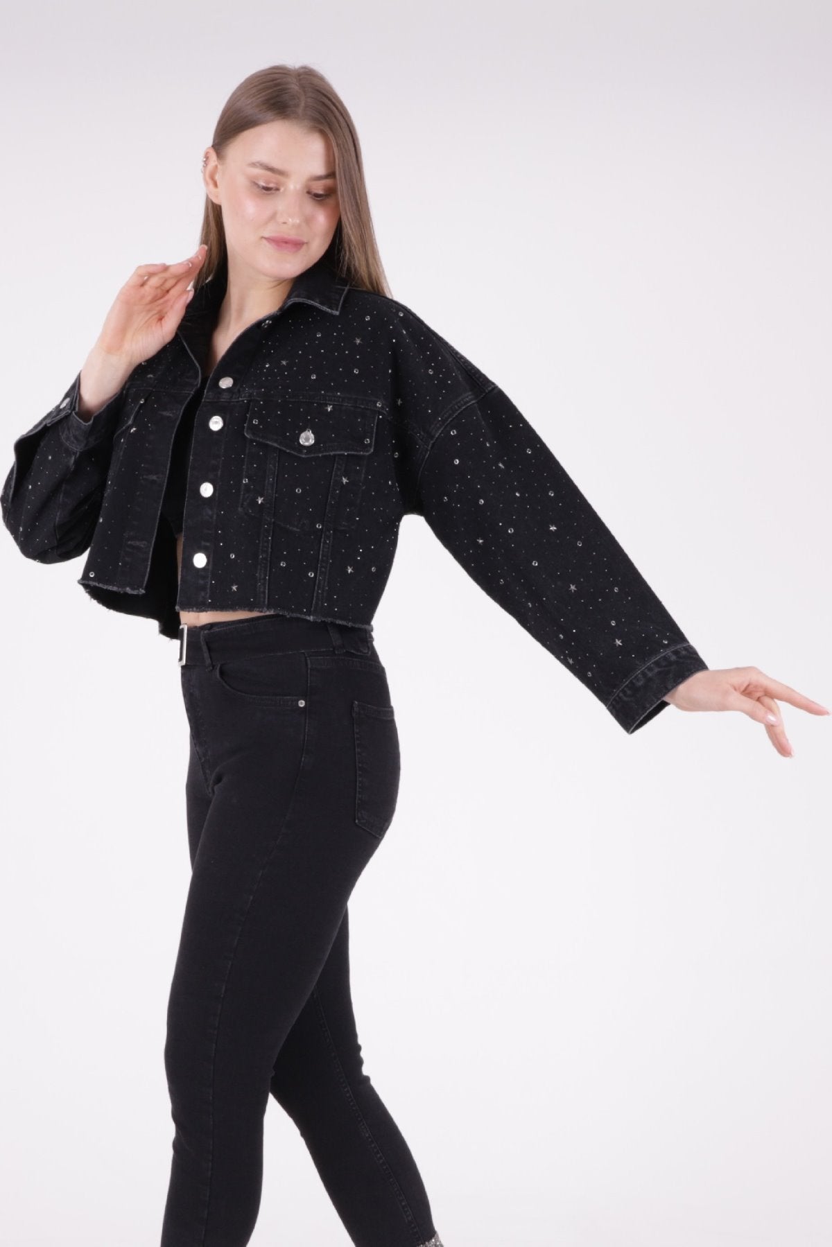 Taşlı Kısa Oversize Kot Ceket 6005