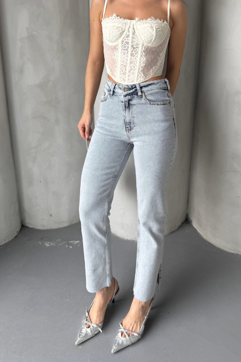 Yanı Yırtmaçlı Flare Paça Mom Kot Pantolon 1774