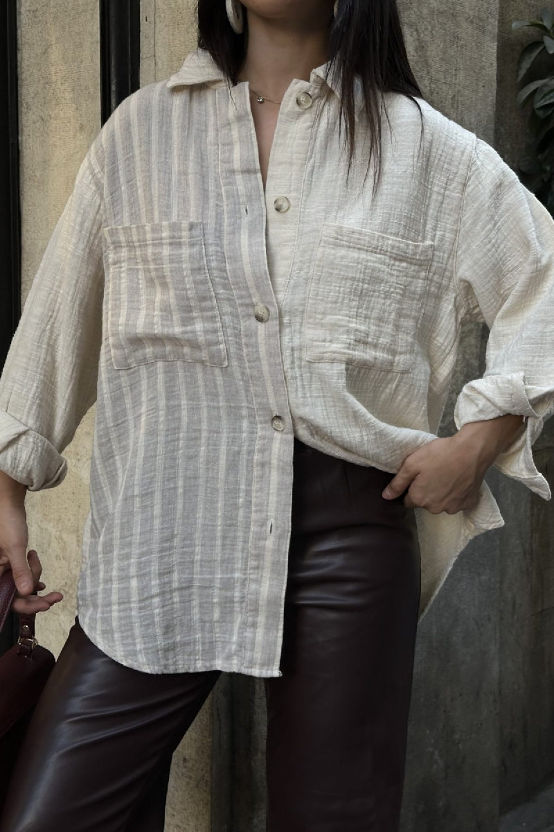 Çizgili Garnili Oversize Gömlek 6206
