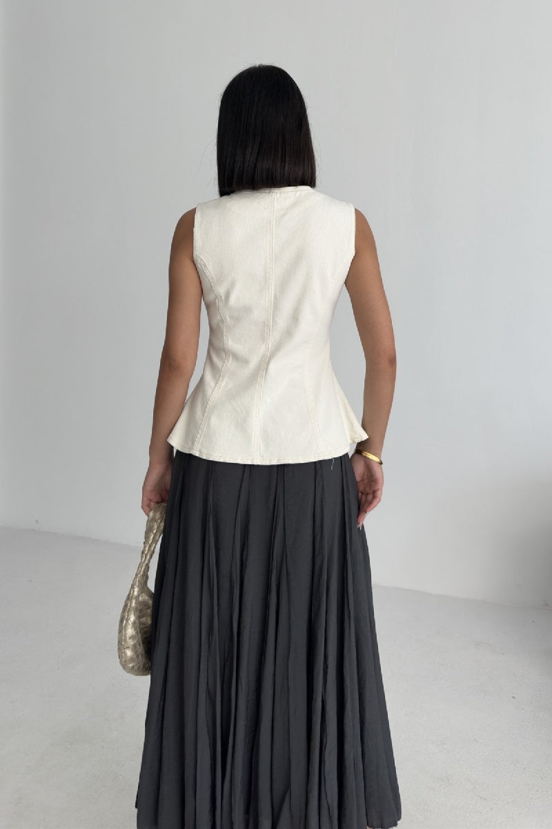 Belden Oturtmalı Düğmeli Kot Yelek 6086