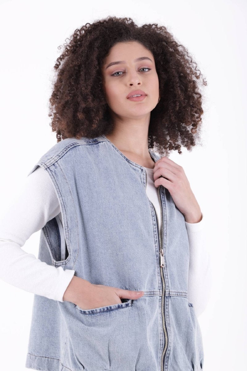 Fermuarlı Oversize Kot Yelek 6073