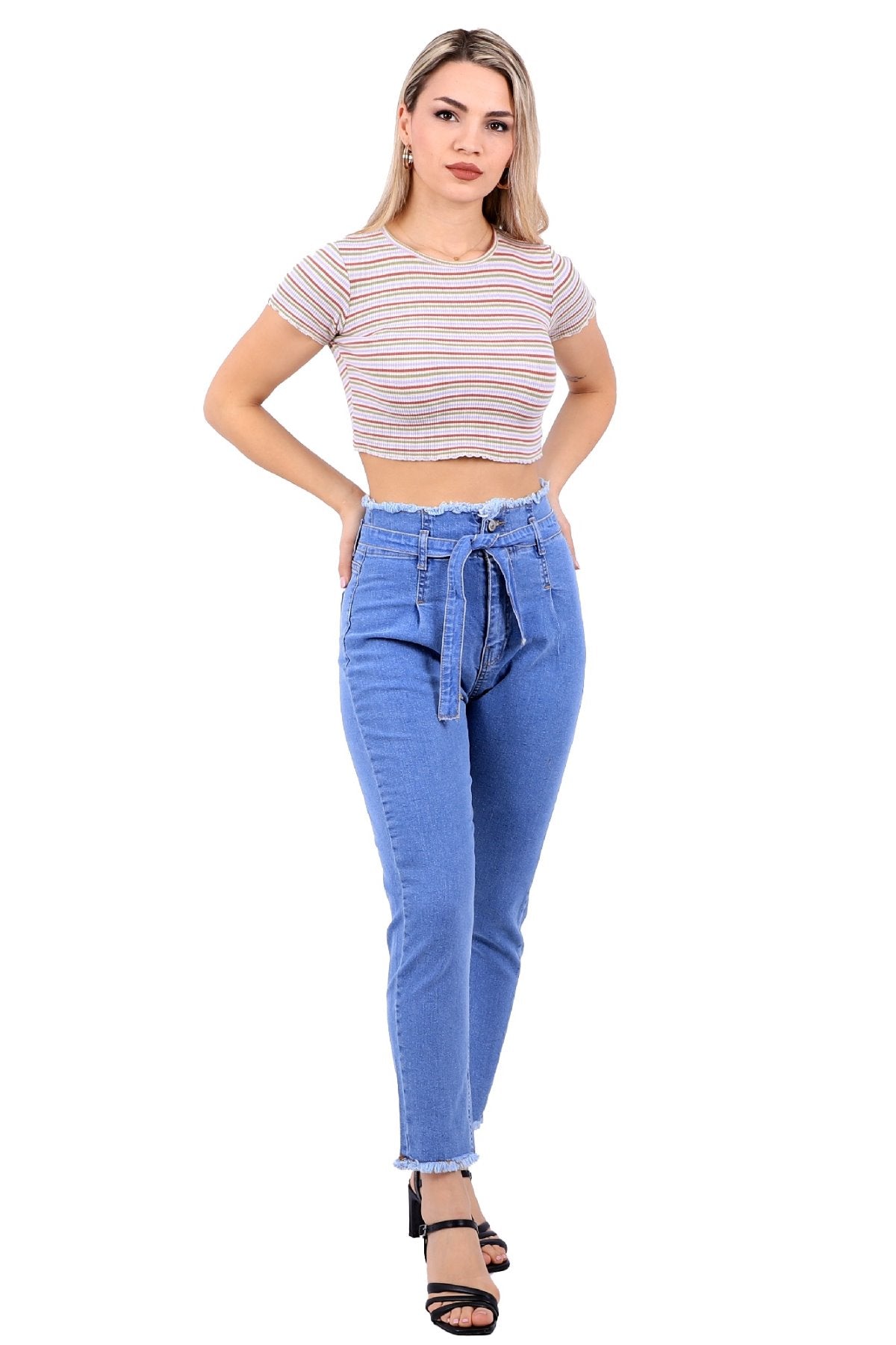 Beli Yüksek Bel Havuç Kemerli Kot Pantolon 736