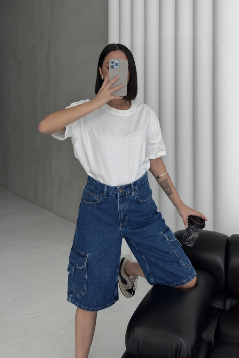 Cep Detaylı Orta Boy Kot Şort 2026