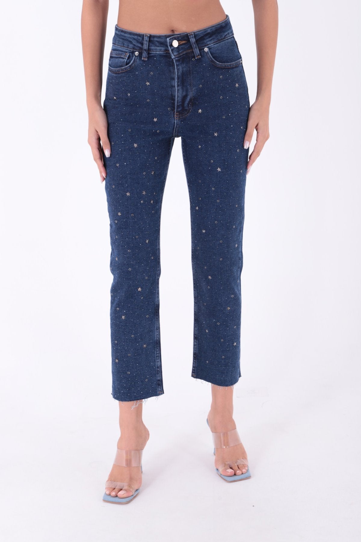 Yıldızlı Mom Fit Dikişsiz Paça Kot Pantolon 1753