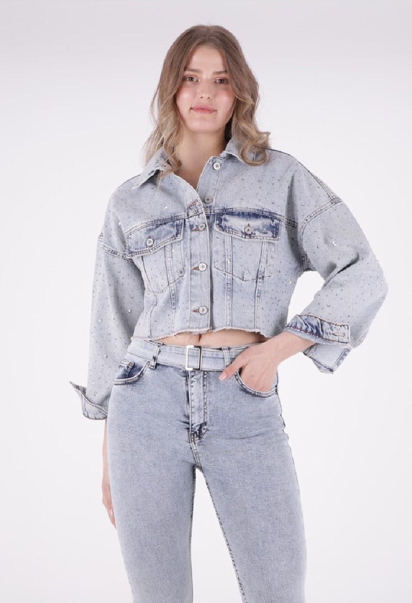 Taşlı Kısa Oversize Kot Ceket 6005