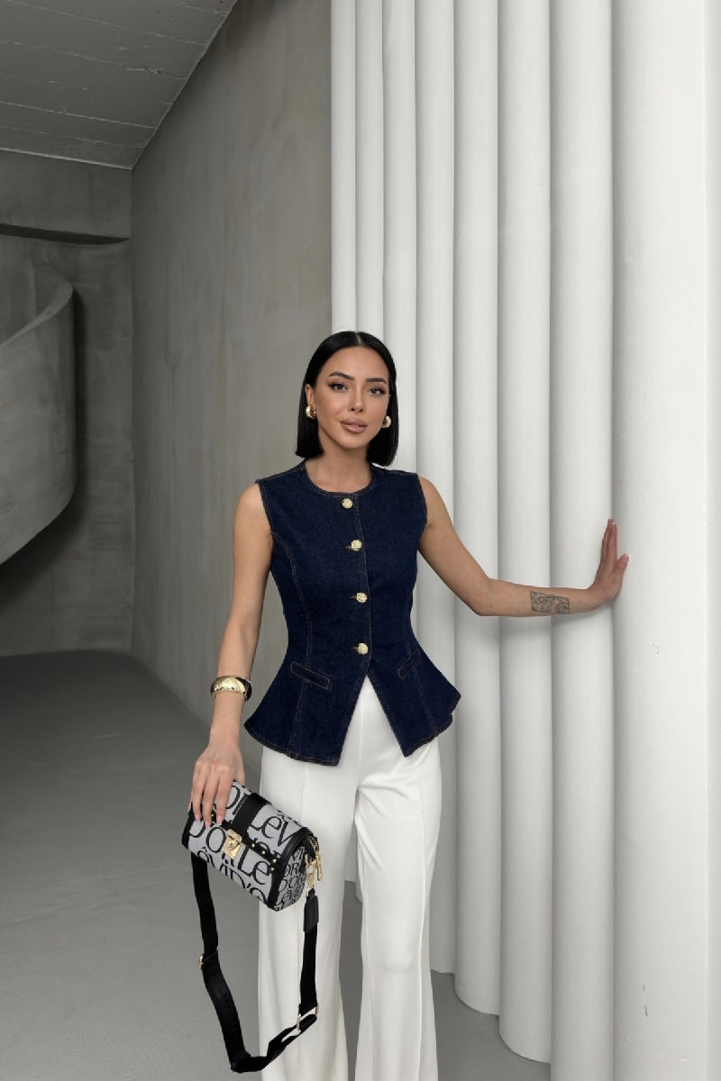 Belden Oturtmalı Düğmeli Kot Yelek 6086