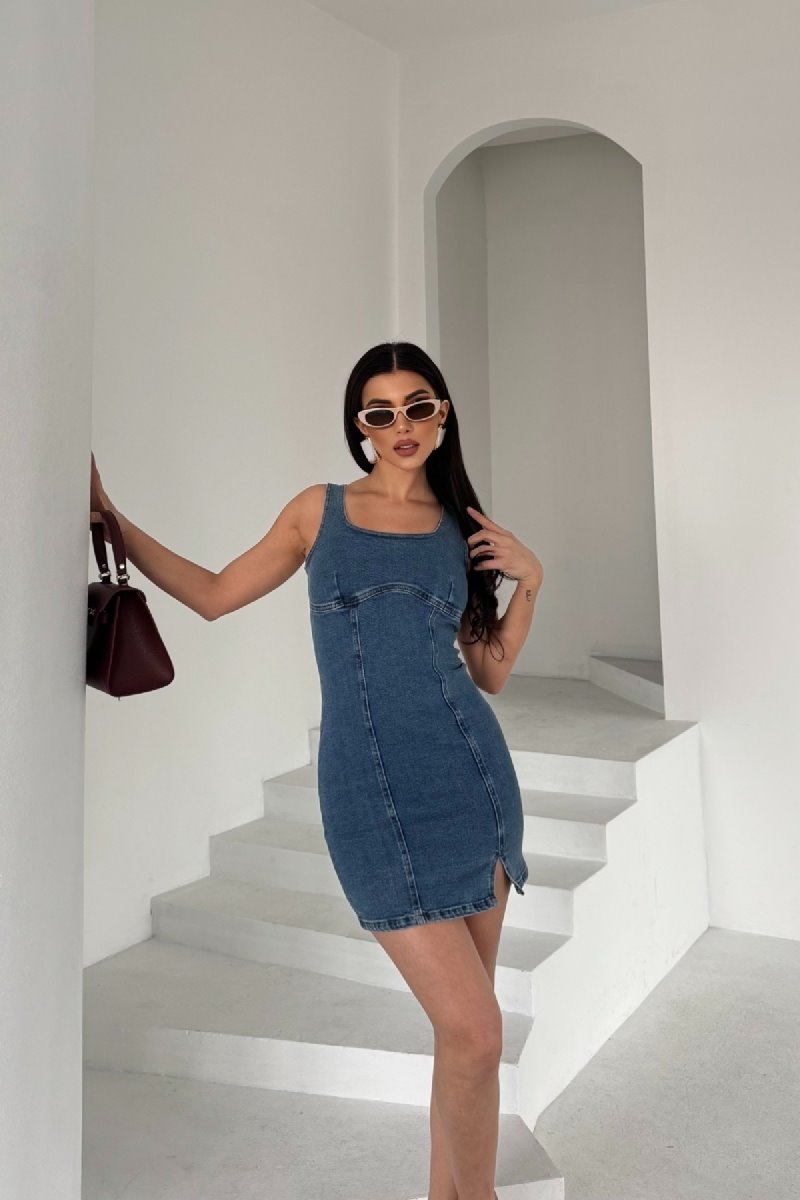 Fermuarlı Mini Kot Elbise 3028
